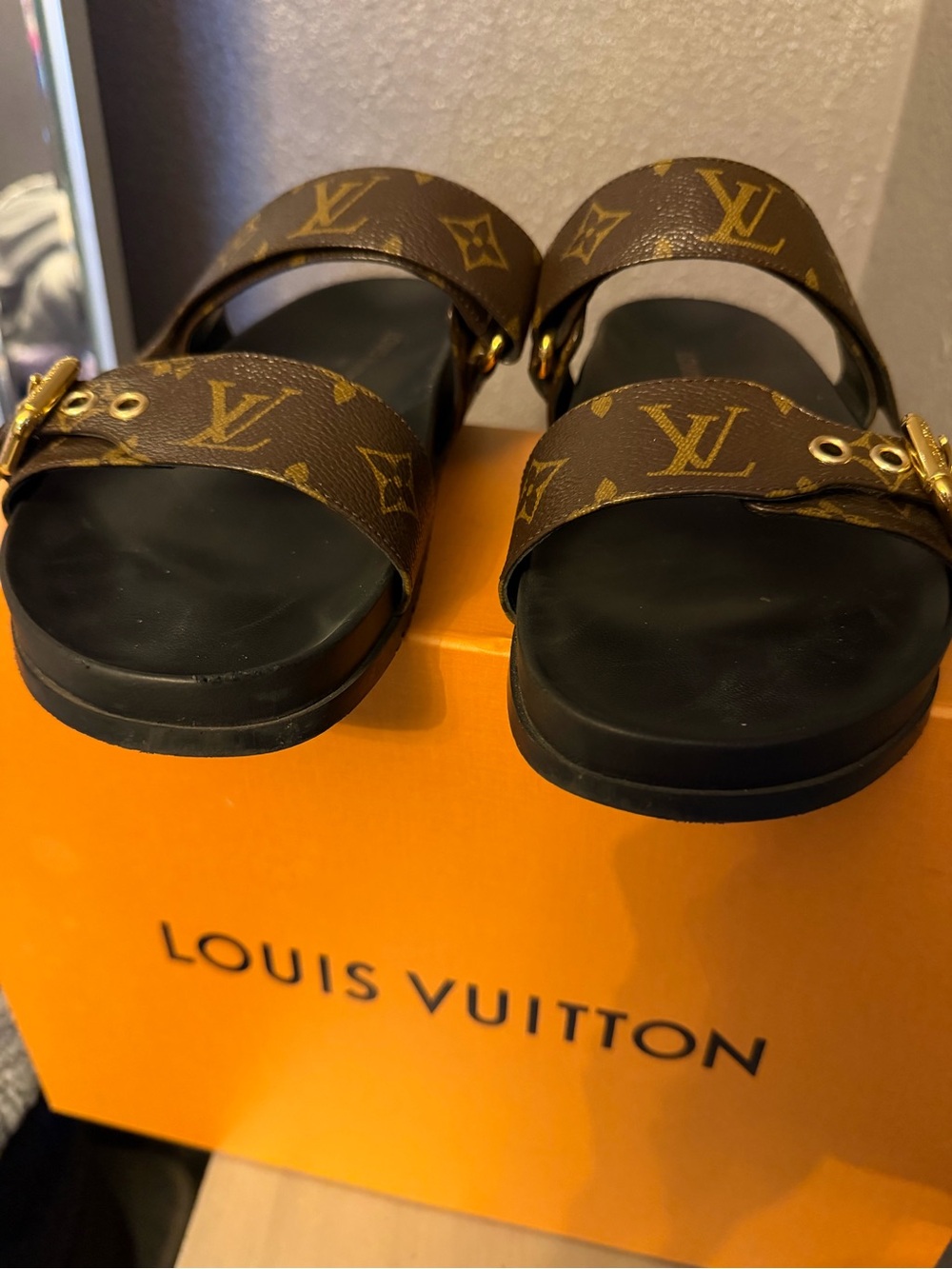 Louis Vuitton Brown Monogram Double Strap Sandals with Gold Buckles - Picture 3 of 9